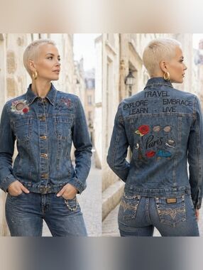 Erika💙"ENJOY THE JOURNEY-TRAVEL" Denim Jacket, Embroidered Paris Motifs Sz 8/M